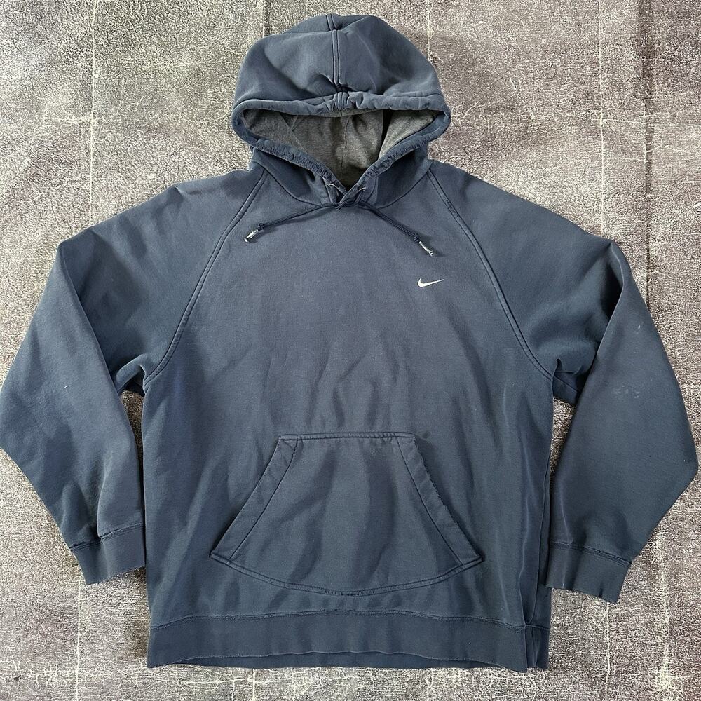 Mens Vintage Y2K Nike Navy Blue Gray Mini Swoosh Hoodie Pullover Sweatshirt Sz L